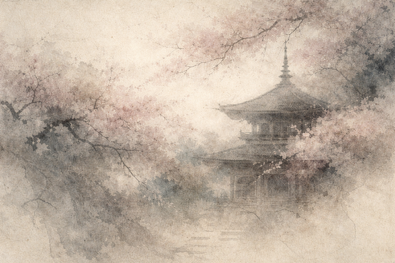 桜と霧に包まれた寺院の塔を描いた柔らかな水彩画。ブッダ・法・僧の三宝に心の拠り所を見出すという「帰依」の本当の意味を象徴している。