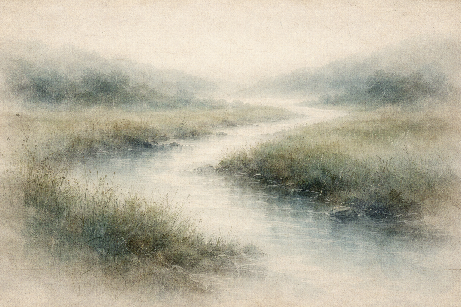 Quiet river flowing through a misty landscape, symbolizing the continuation of Buddhist teachings and the spread of Buddhism after the Buddha’s death.