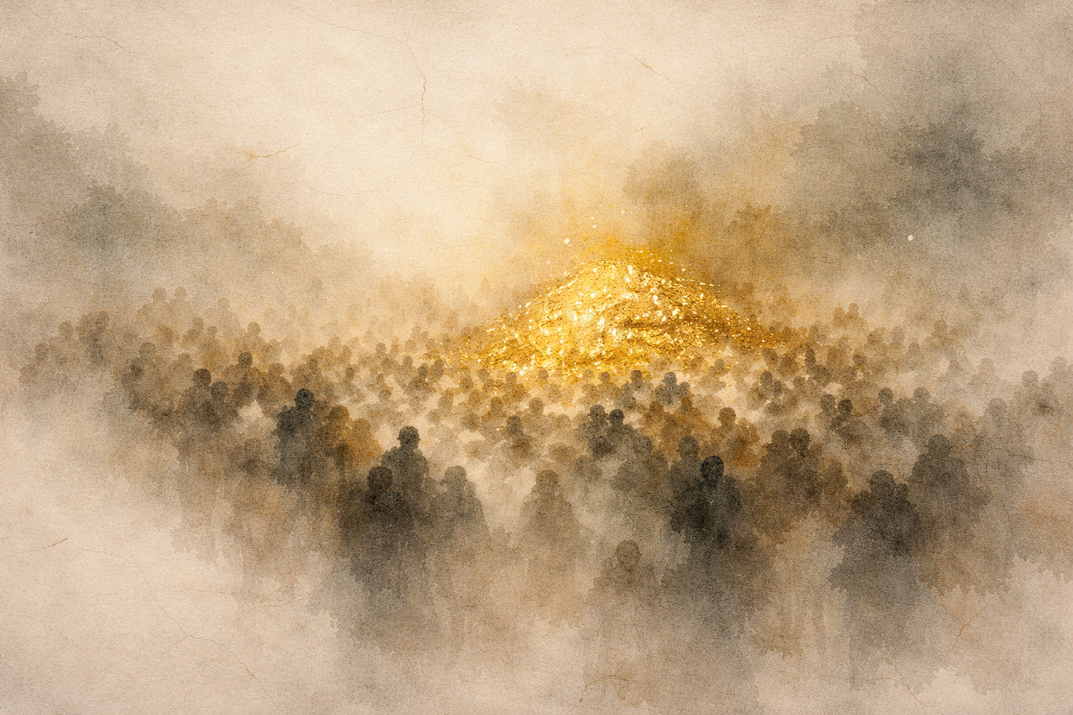 Watercolor illustration of a vast crowd of shadowy human figures gathered in mist, all facing a radiant golden light at the center, symbolizing collective uncertainty and the Buddhist contemplation of what happens after death.
