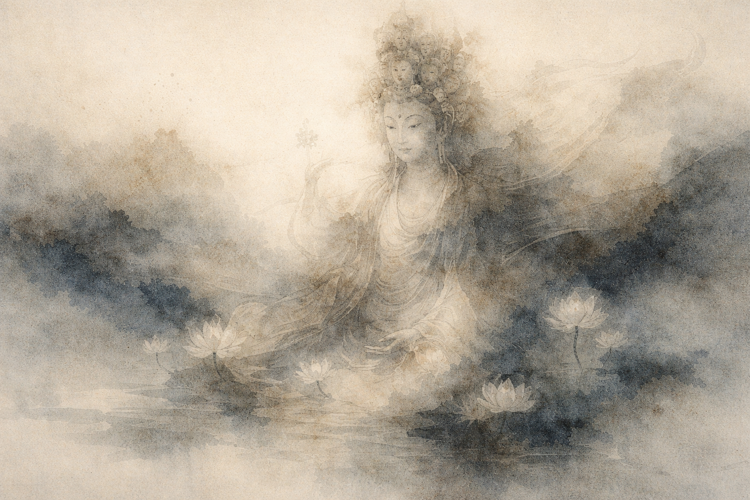 蓮の花と霧に包まれた慈悲深い菩薩を描いた穏やかな水彩画。仏教におけるカルナー（慈悲）とは、すべての存在の苦しみを和らげたいと願う心であることを象徴している。