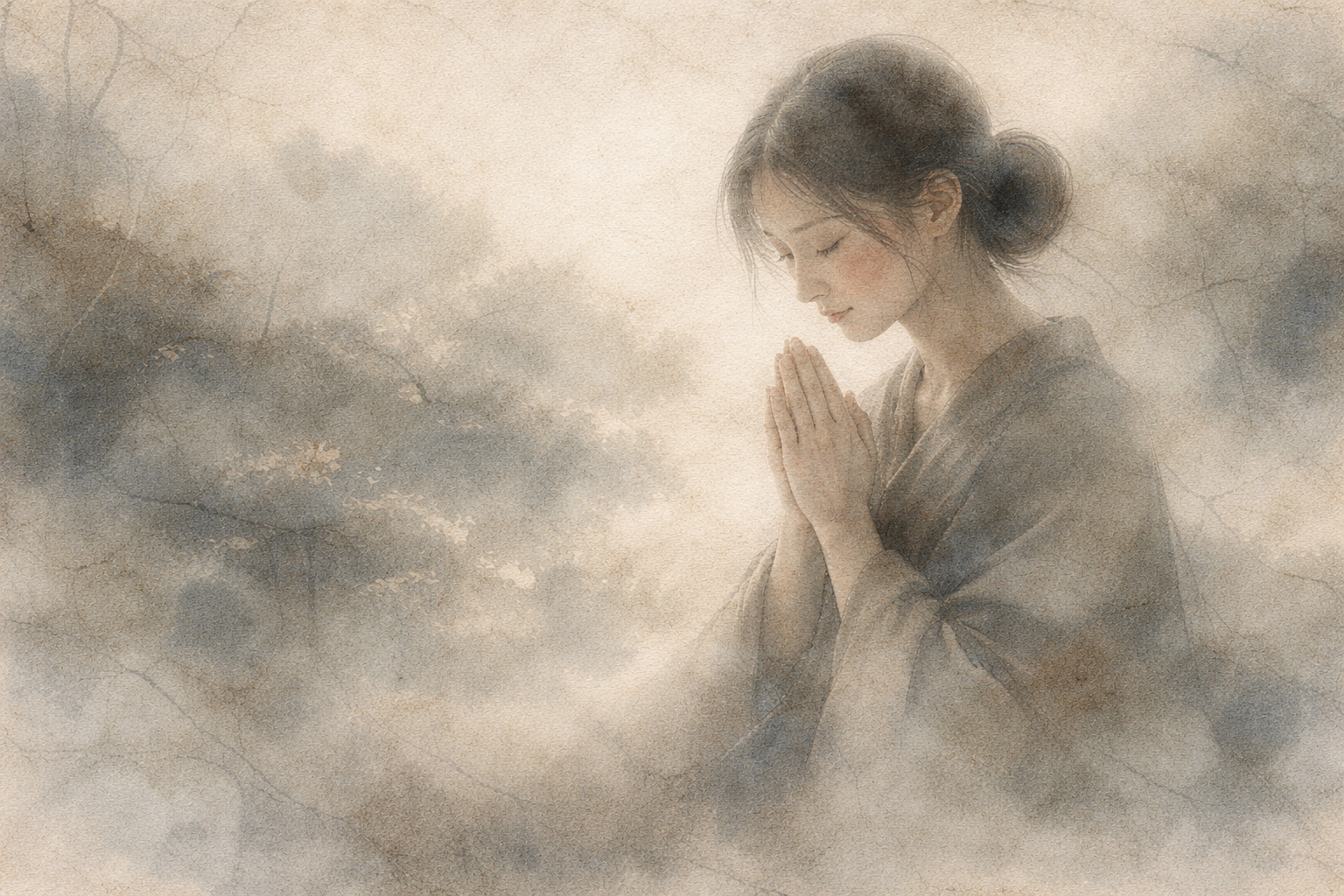 手を合わせて静かに祈る若い女性の水彩風イラスト。目を閉じて瞑想する姿が、すべてが互いに関係して生まれるという仏教の教え「縁起」を象徴している。