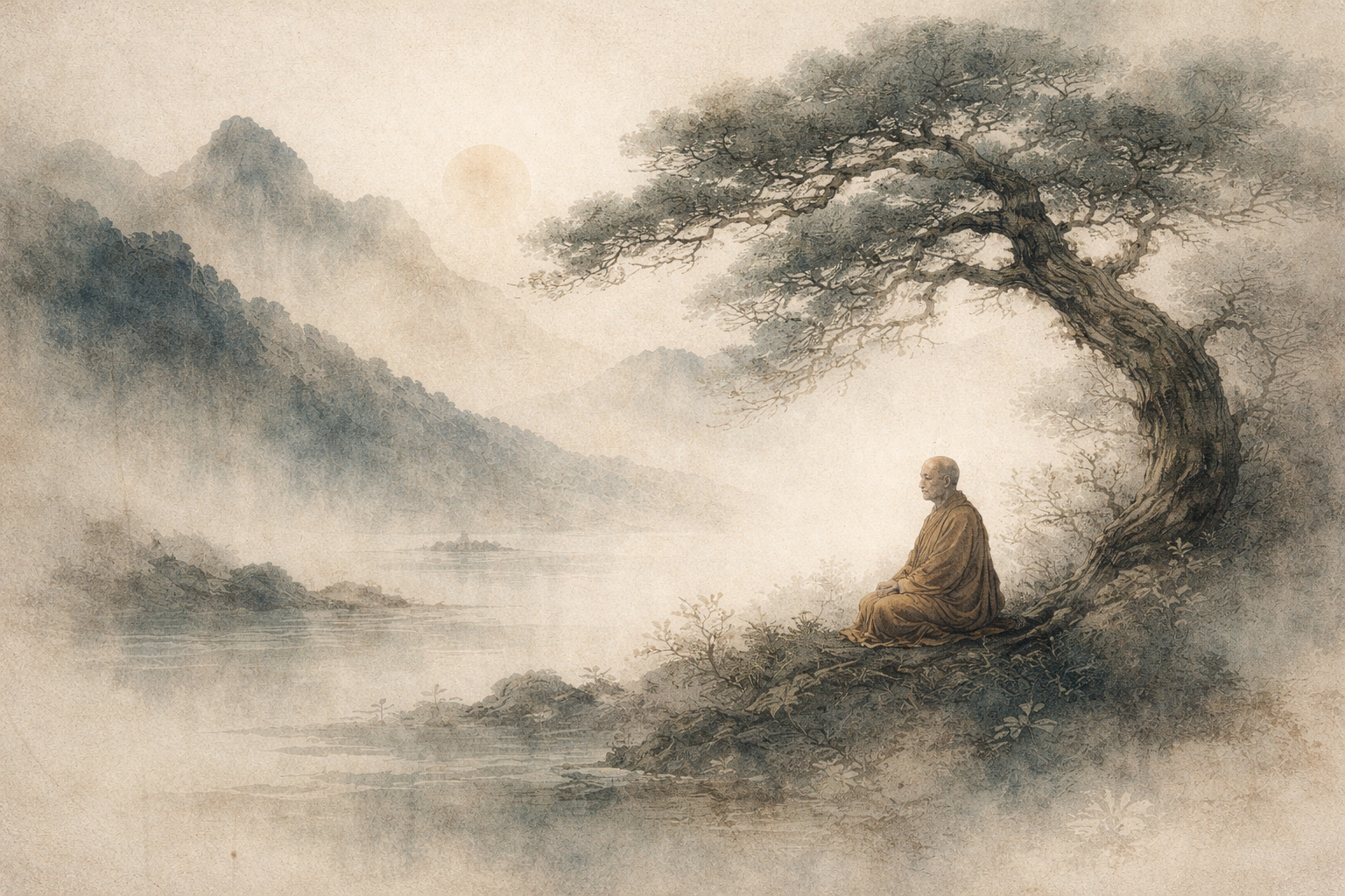 A peaceful watercolor-style scene of a Buddhist monk meditating beneath a large tree beside a quiet lake, with misty mountains in the background, symbolizing contemplation and the deeper meaning of Dharma.
