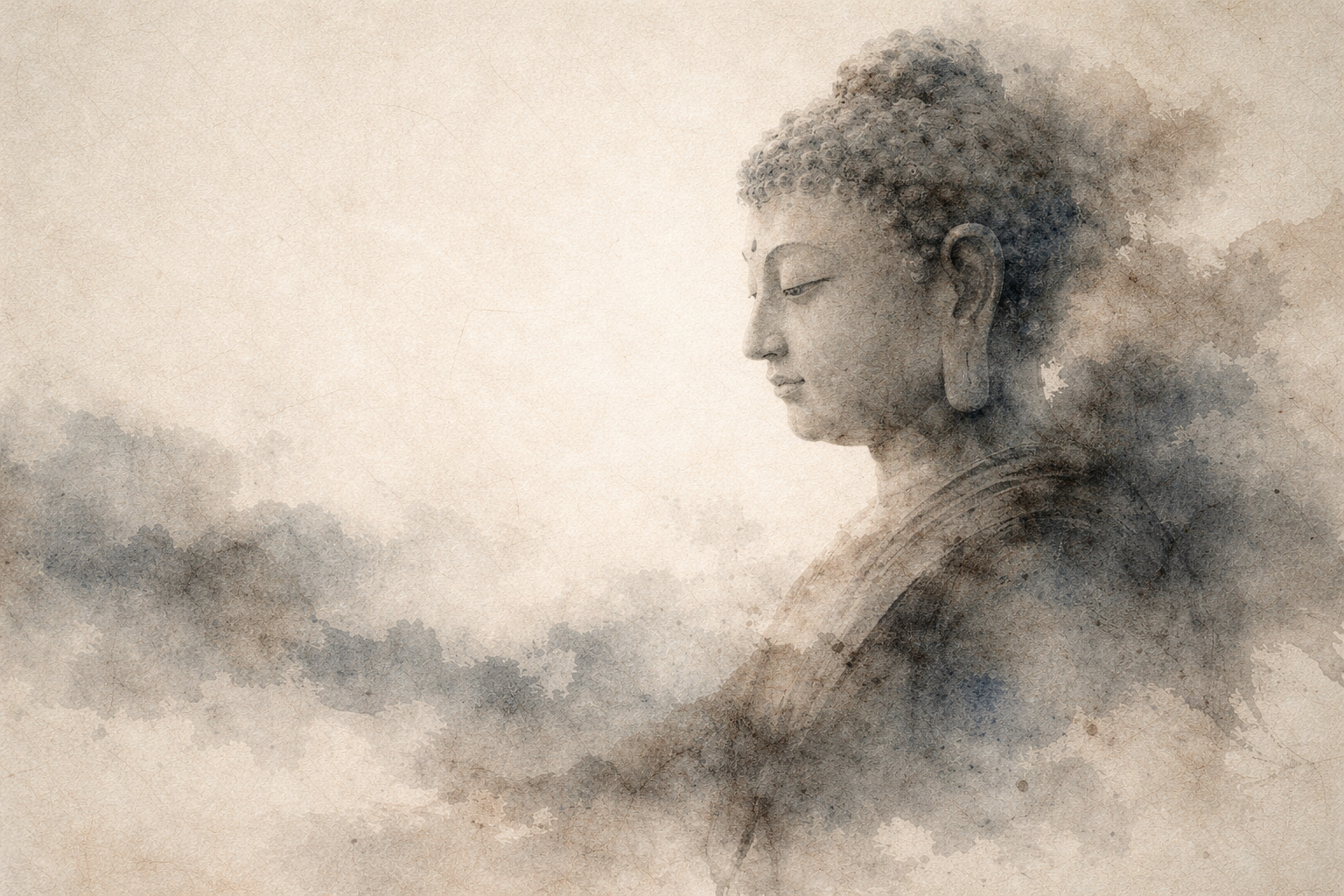 霧の中から浮かび上がる横顔の仏陀を描いた柔らかな水彩画。仏教におけるエゴ（自我）が固定された自己という幻想であること、そして洞察とマインドフルネスによって無我（アナッター）へと目覚めることを象徴している。