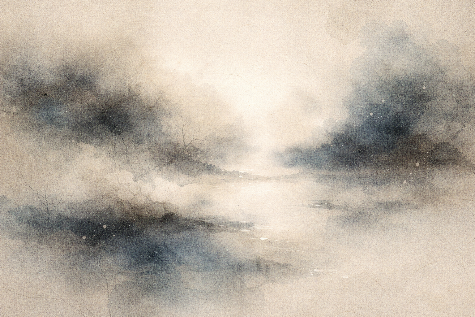 A soft, mist-filled watercolor landscape with fading mountains and open sky reflected on still water, symbolizing emptiness (Śūnyatā) in Buddhism as spacious awareness, interdependence, and the absence of fixed self-nature.