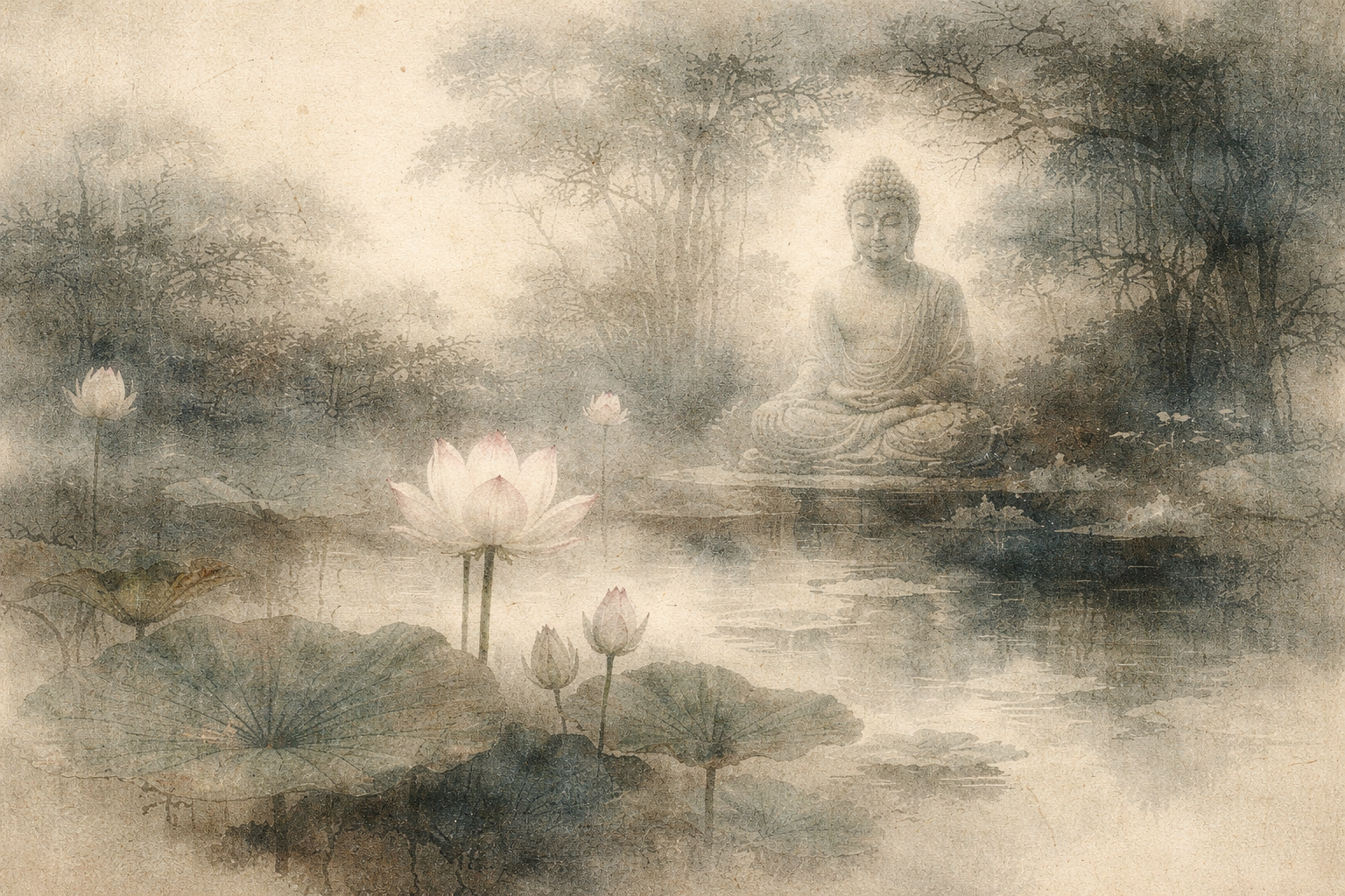 静かな蓮池のほとりに座る仏像と、霧に包まれた水面から咲き上がる蓮の花を描いた水彩画風イラスト。仏教における悟り――日常の条件の中から目覚め・明晰さ・自由が現れること――を象徴している。