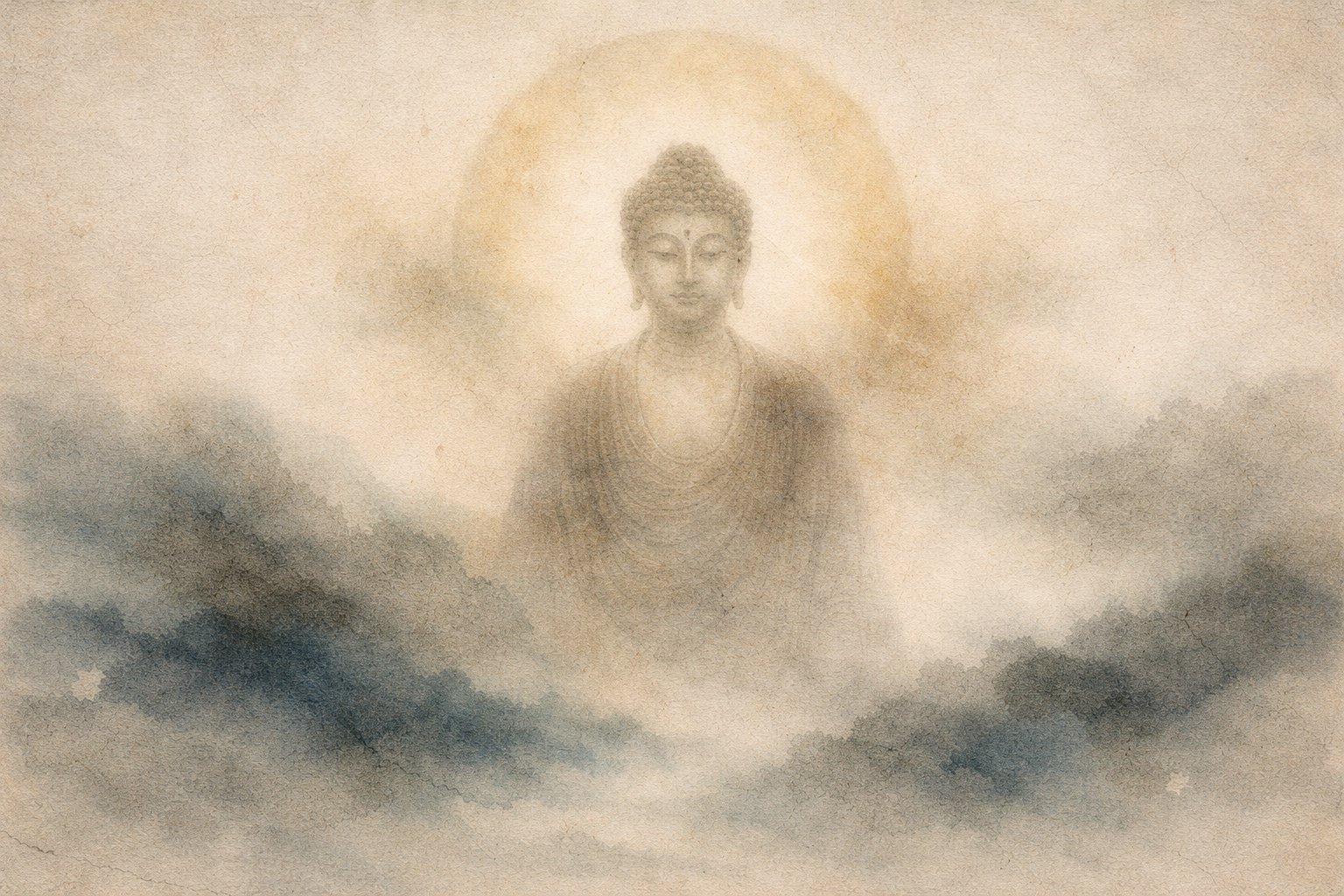 霧の中から仏陀の姿が浮かび上がり、頭の周りに光の輪が輝く水彩風のイメージ。仏教における悟りと精神的な目覚めを象徴している。