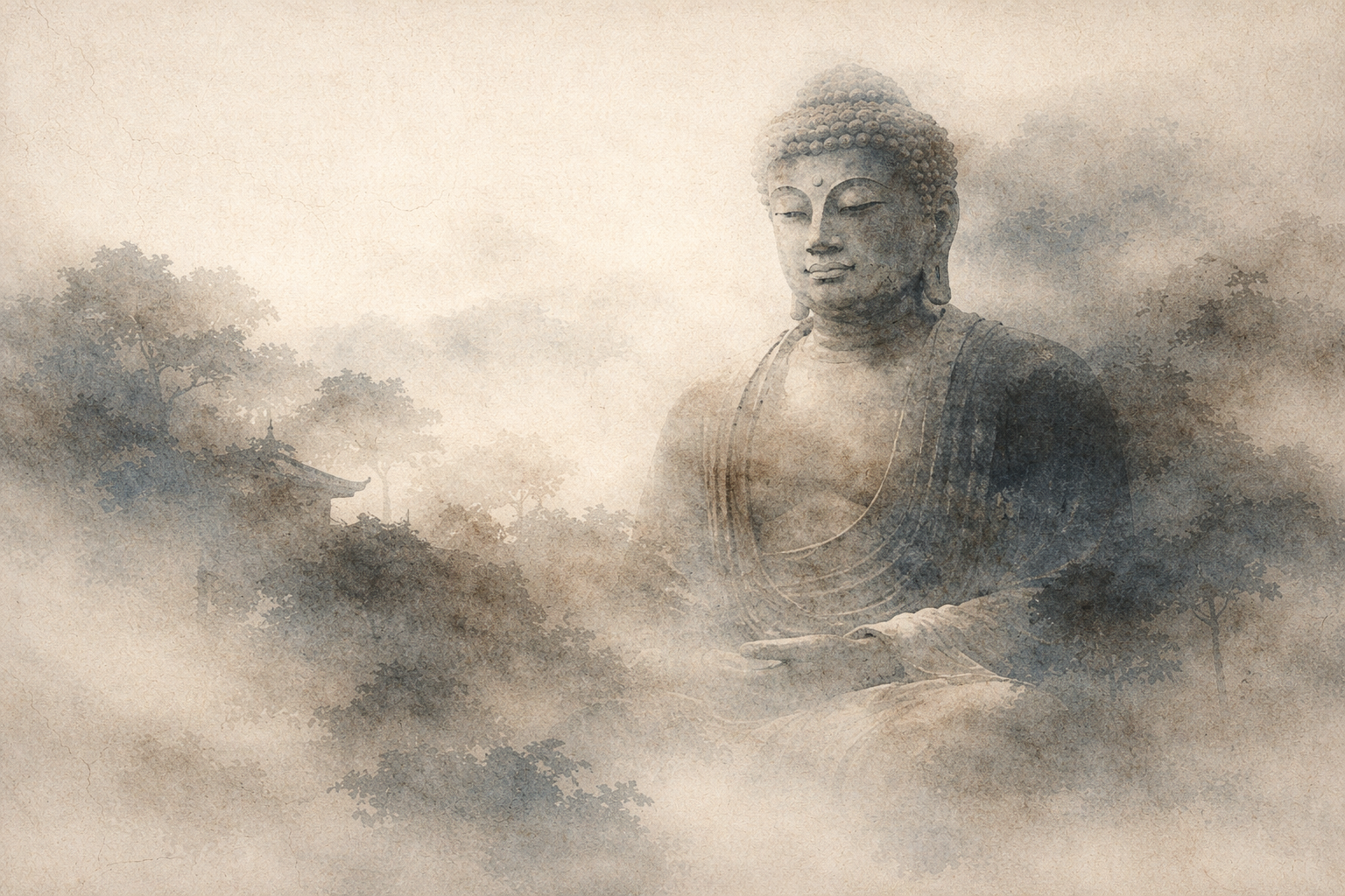 霧と木々の中から静かに現れる大きな仏像を描いた穏やかな水彩画。人生の移ろいの中でも揺るがない心の平衡と落ち着いた気づきを意味する、仏教における「平静心（捨）」を象徴している。