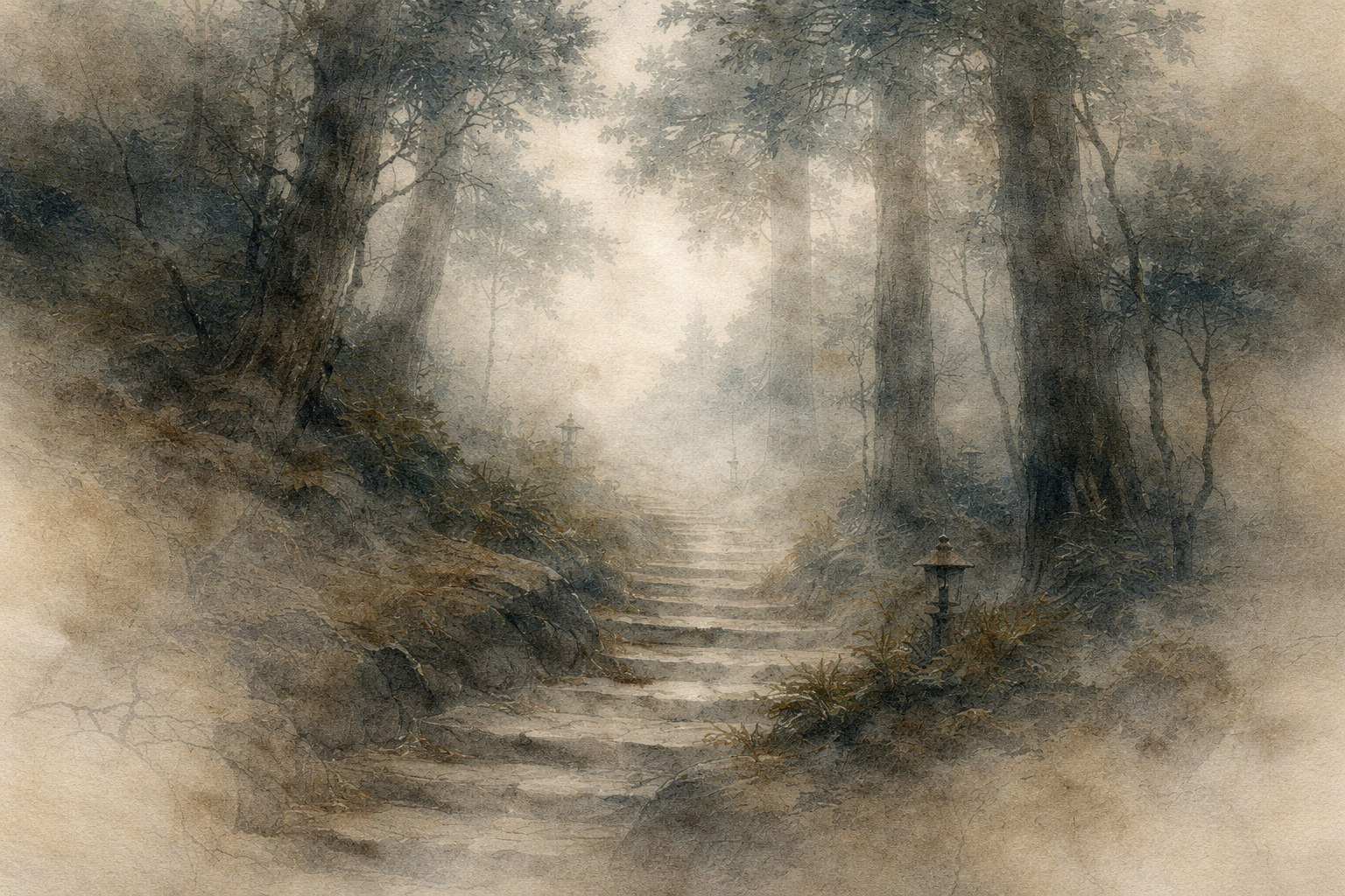 Mist-covered forest path with stone steps ascending between tall trees and small lanterns, rendered in soft watercolor tones, symbolizing the gradual ascent into deep meditative absorption (jhana) and refined states of concentration.