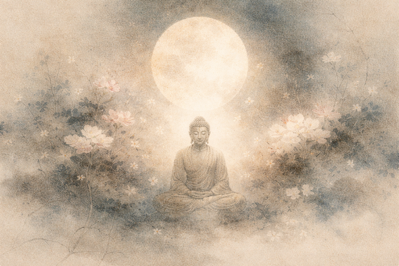 Soft watercolor image of a serene Buddha seated in meditation beneath a luminous full moon, surrounded by delicate blossoms, symbolizing karma as the natural unfolding of causes and conditions in the quiet light of awareness.
