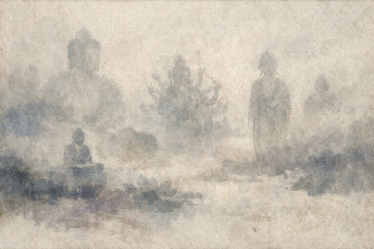 A misty watercolor scene of a seated meditator surrounded by faint, ethereal figures, symbolizing the Buddhist concept of karma as the law of intentional action and its unfolding consequences across time.