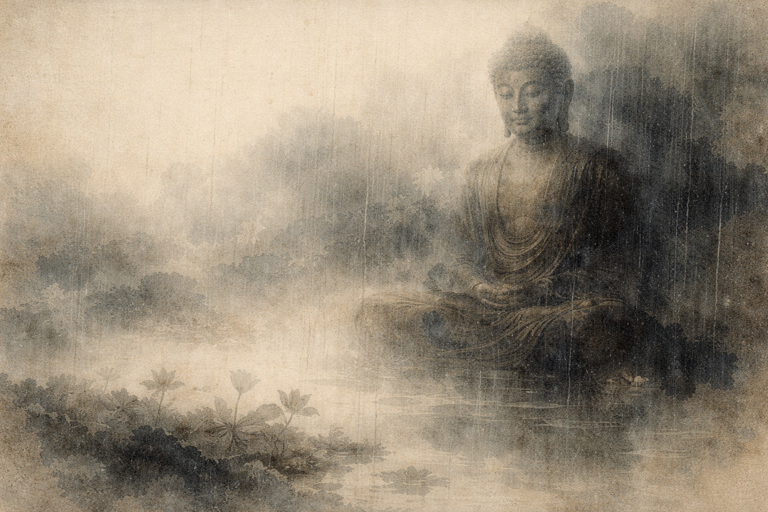 Soft watercolor illustration of a serene Buddha seated in meditation amid mist and gentle rain, reflected in still water with faint lotus blossoms nearby, symbolizing the compassionate and expansive vision of Mahayana Buddhism.