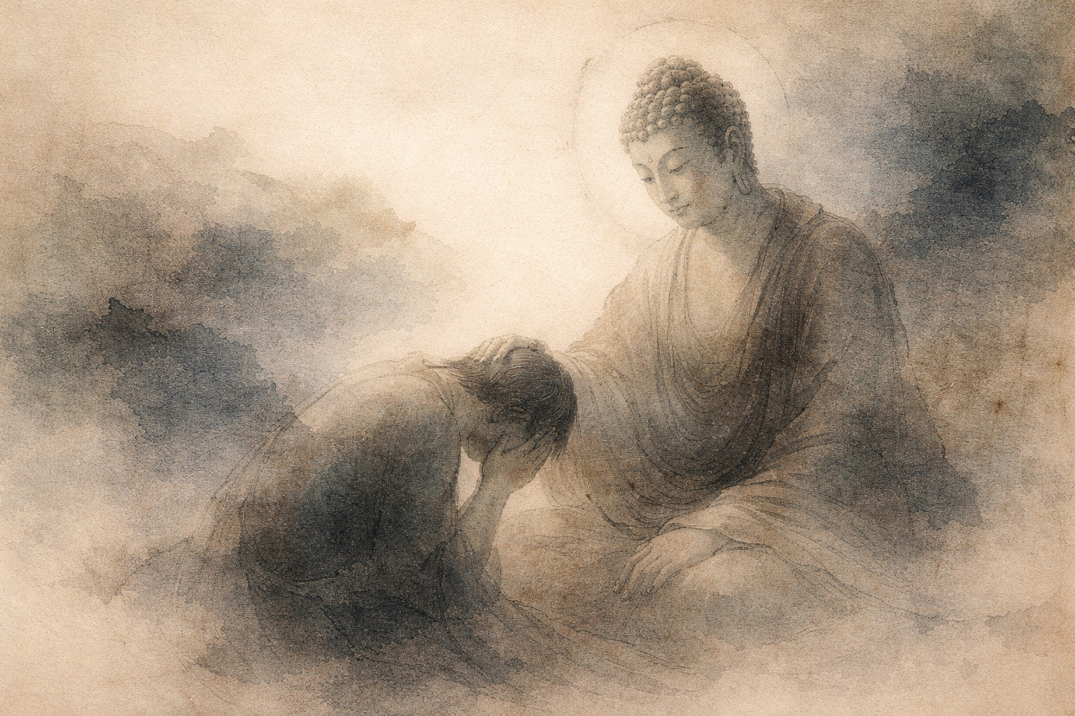 悲しみに沈む人が顔を覆ってうなだれる中、仏陀が優しく頭に手を置いている水彩画。苦しみからの解放としての「無我（アナッタ）」の教えと、慈悲を象徴している。
