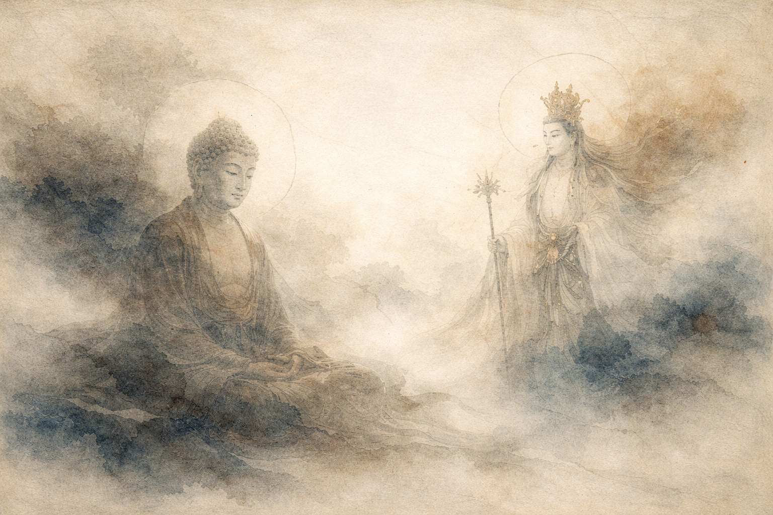 A soft watercolor illustration of a seated Buddha and a bodhisattva figure emerging from mist, symbolizing non-attachment in Buddhism as calm presence, wisdom, and compassionate engagement without clinging.