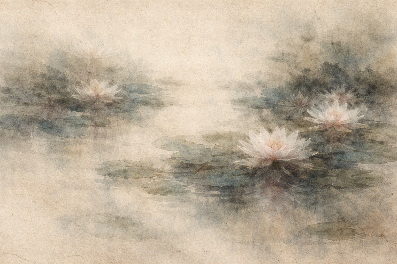 静かな池に咲く蓮の花を描いた水彩風のイラスト。固定された魂ではなく、因縁によって命が連続的に展開していくという仏教の再生（輪廻）の考えを象徴している。