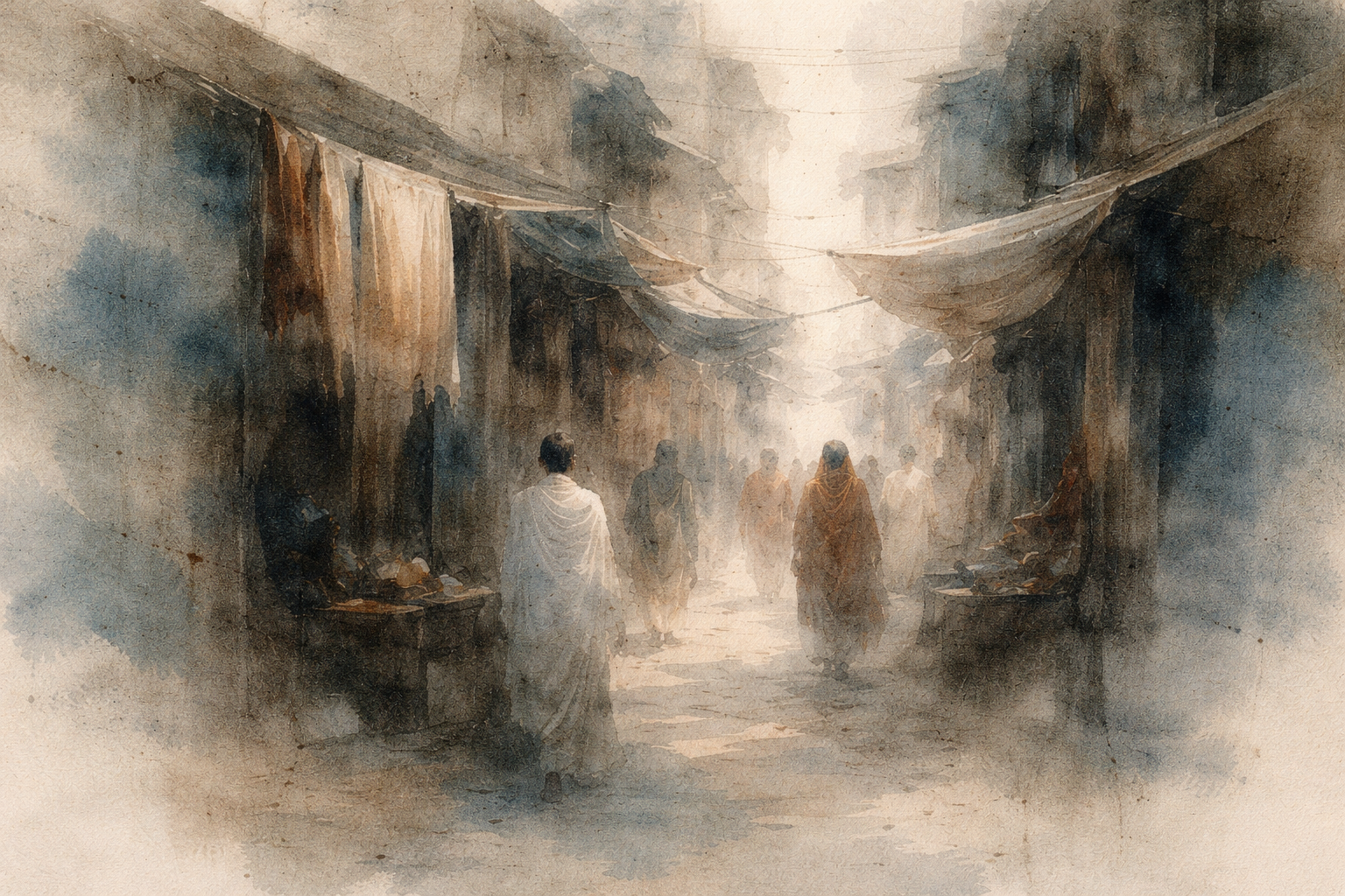 A watercolor-style scene of Buddhist monks and community members walking through a narrow market street lined with hanging cloth and small stalls, symbolizing the shared life and support of the Sangha, the Buddhist community.