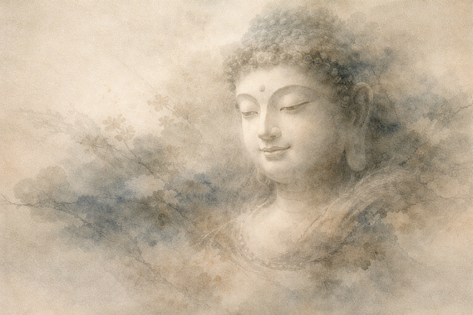 A soft watercolor portrait of the Buddha emerging from mist, symbolizing the Buddhist understanding of suffering (dukkha) as the subtle dissatisfaction inherent in conditioned existence and the path toward awakening.