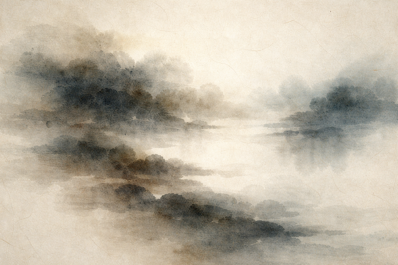 Minimalist watercolor landscape of misty hills and still water fading into soft light, evoking simplicity, clarity, and the contemplative spirit of Theravada Buddhism.