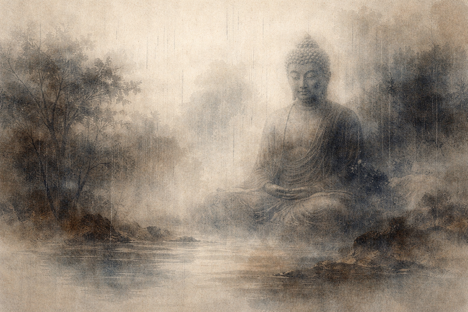 霧とやわらかな雨の中、水辺と岩場のそばに大きく坐す仏陀を描いた水彩画。チベット仏教の神秘性、儀礼の豊かさ、そして深い瞑想伝統を象徴している。