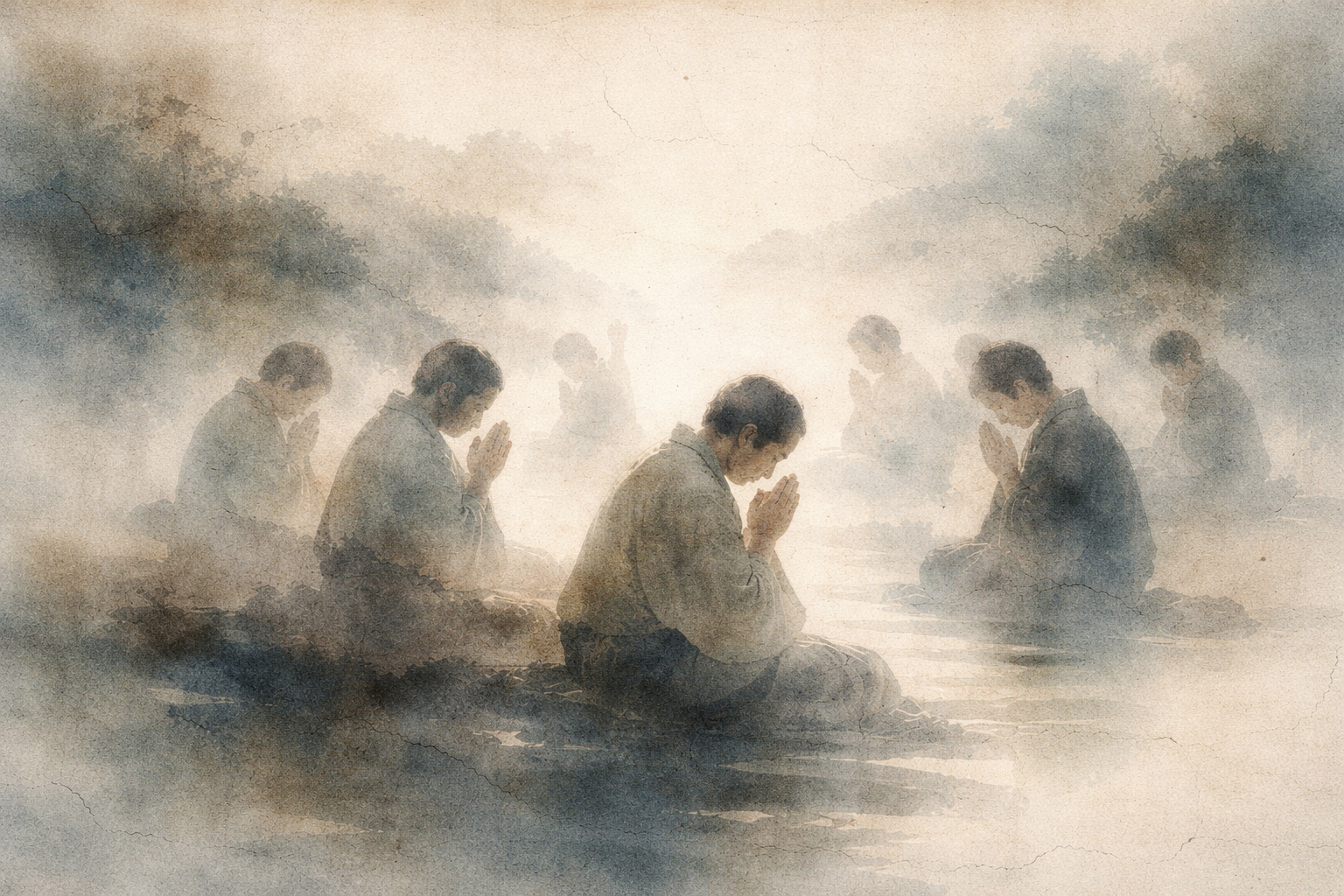 A watercolor-style scene of several people kneeling in prayer with their hands pressed together in a misty landscape, symbolizing compassion, devotion, and the Bodhisattva ideal of helping others on the path to awakening.