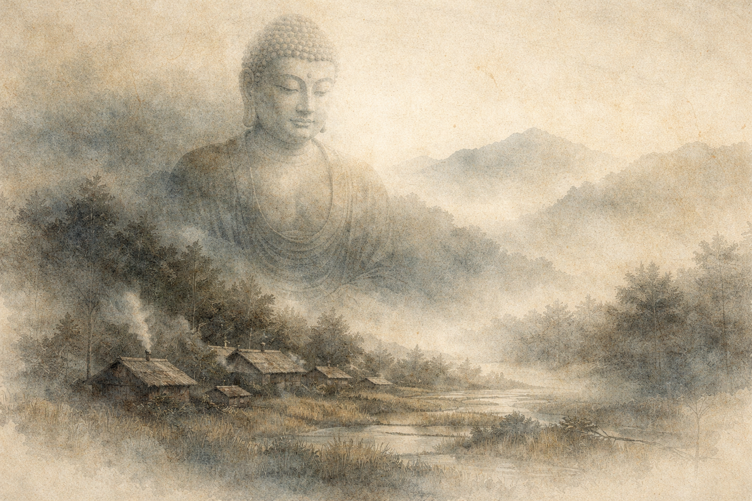 A tranquil watercolor-style scene of a misty rural landscape with small houses and forested hills, while a large, serene Buddha figure appears softly in the sky above, symbolizing the spiritual presence and meaning of Buddhism.