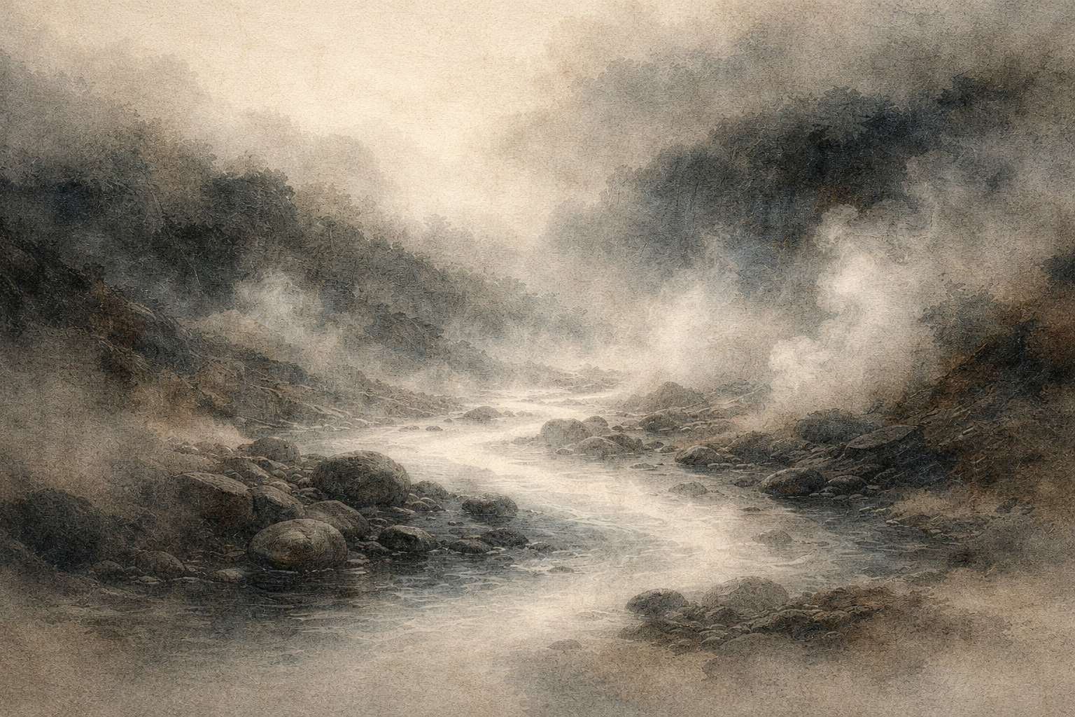 A misty watercolor landscape of a winding river flowing between rocky hills, symbolizing the Buddhist Middle Path—the balanced way between extremes that leads to wisdom and peace.