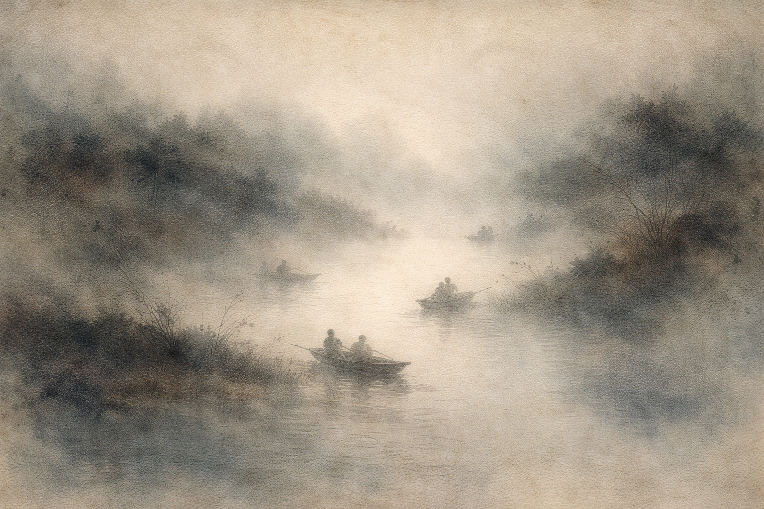 Soft watercolor illustration of small boats drifting through a misty river at dawn, surrounded by blurred trees and fading light, symbolizing the mysterious and contemplative nature of Zen koans.