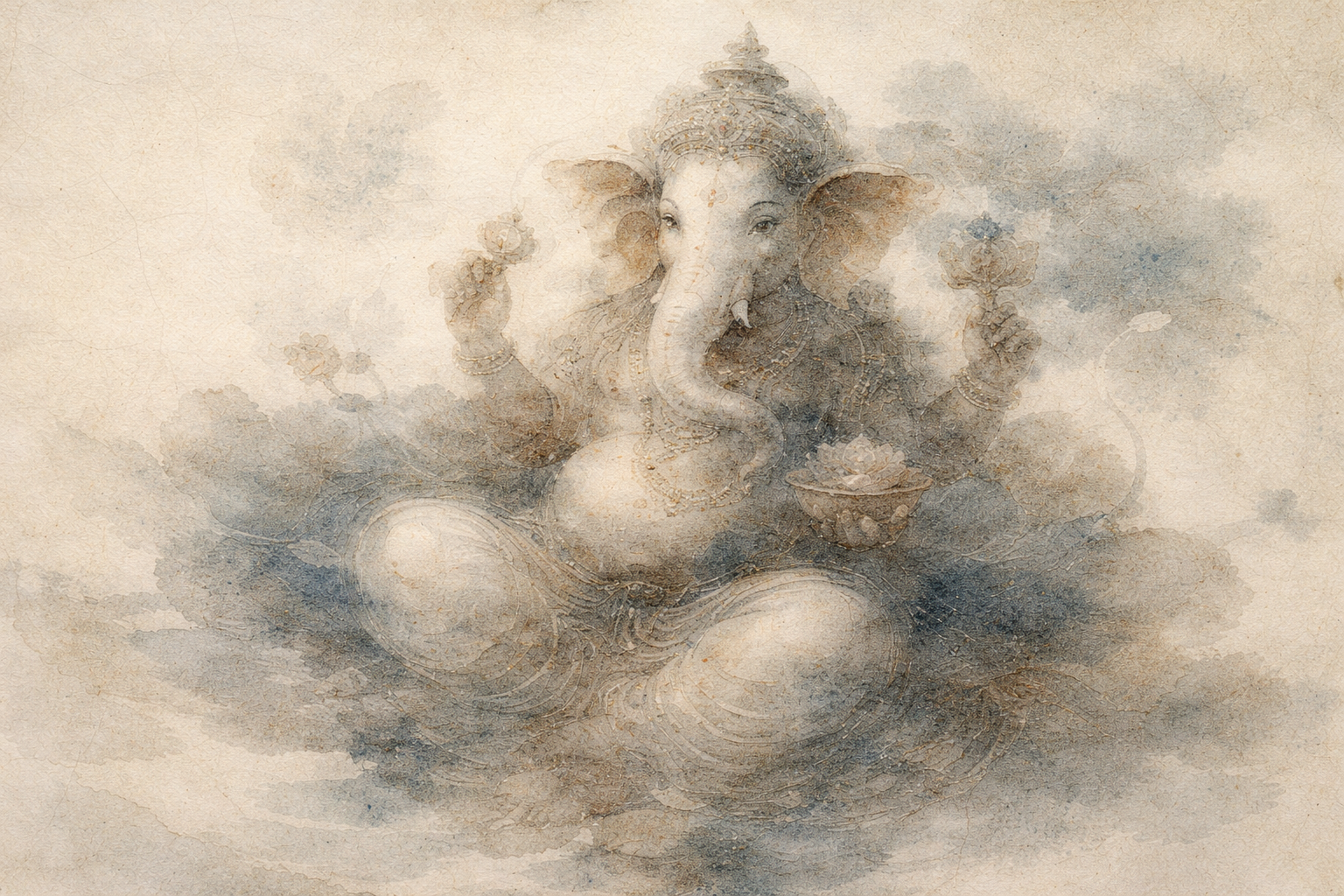 Artistic depiction of the Hindu deity Ganesha in a soft watercolor style, representing the religious and cultural landscape of ancient India during the Buddha’s lifetime.