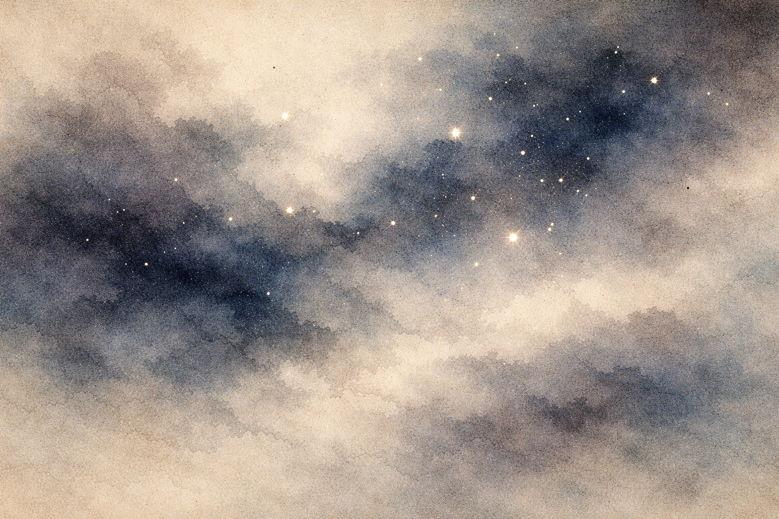 雲の間から輝く星空の風景。仏教の初期の発展と、最初の気づきや教えが形づくられていった始まりの時代を象徴するイメージ。