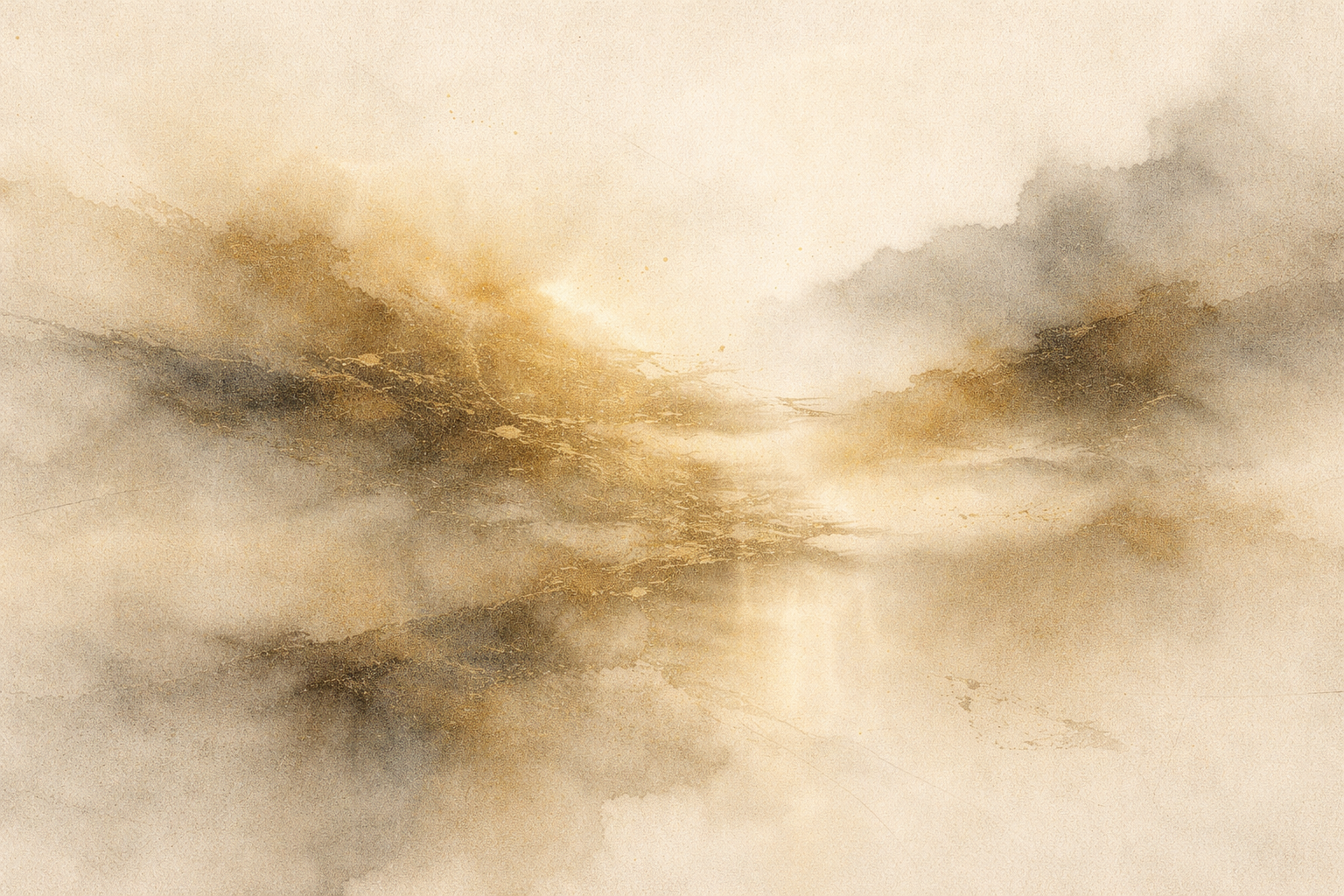 霧に包まれた山々と、静かな水面に映る金色の地平線を描いた水彩画。仏教という大きな流れの中にある、禅という一つの表現を象徴している。