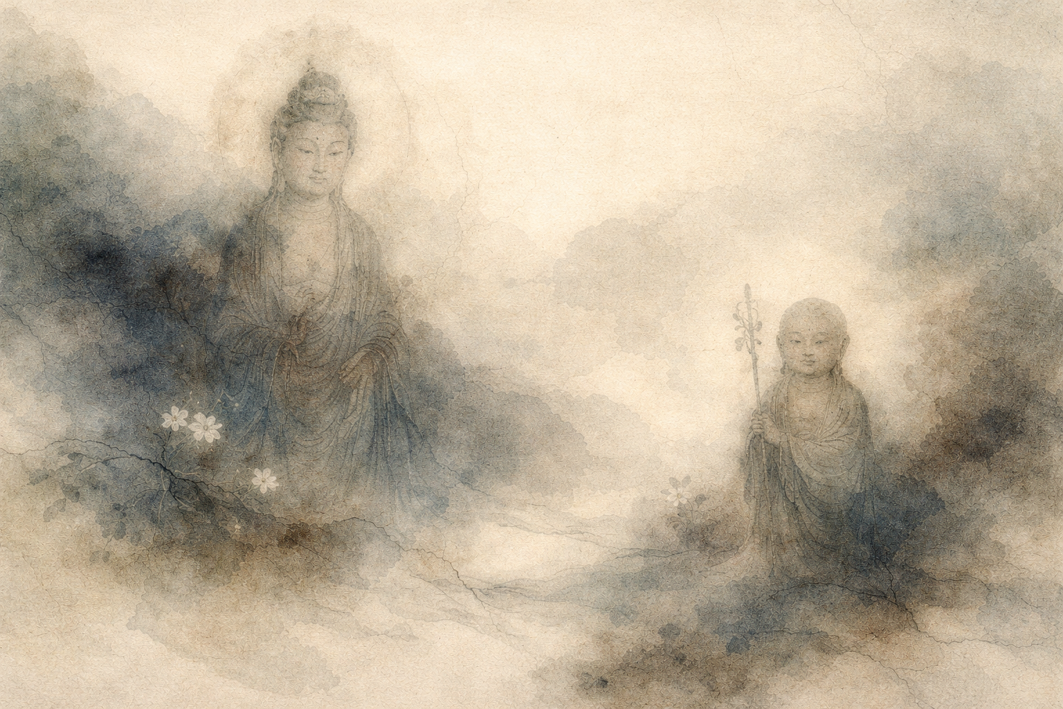 霧に包まれた風景の中に現れる二つの仏の姿。仏像が初めて作られ、仏教の信仰表現として視覚的な像が生まれた歴史的な始まりを象徴している。