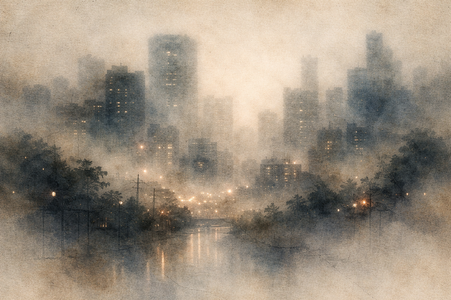 A misty city skyline with lights reflecting on a river, symbolizing the arrival of Buddhism in China and its gradual integration into Chinese civilization and culture.