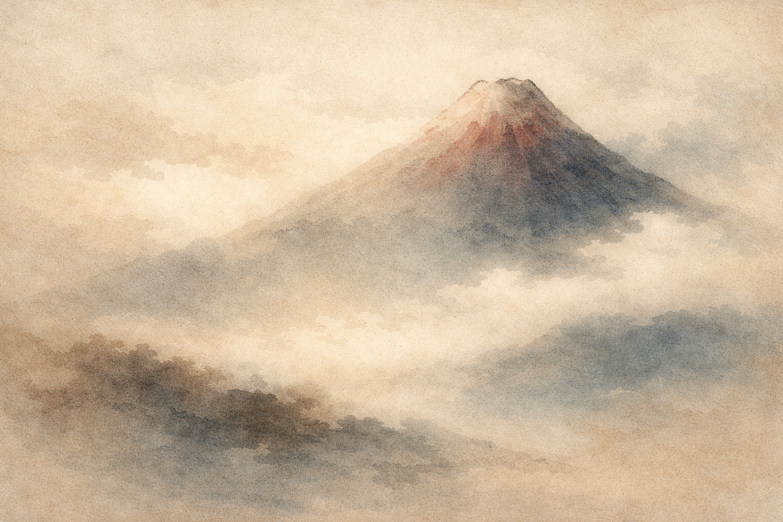 Sacred mountain rising through mist and clouds, symbolizing when Buddhism started in the 5th century BCE and the emergence of the Buddha’s teachings in ancient India.