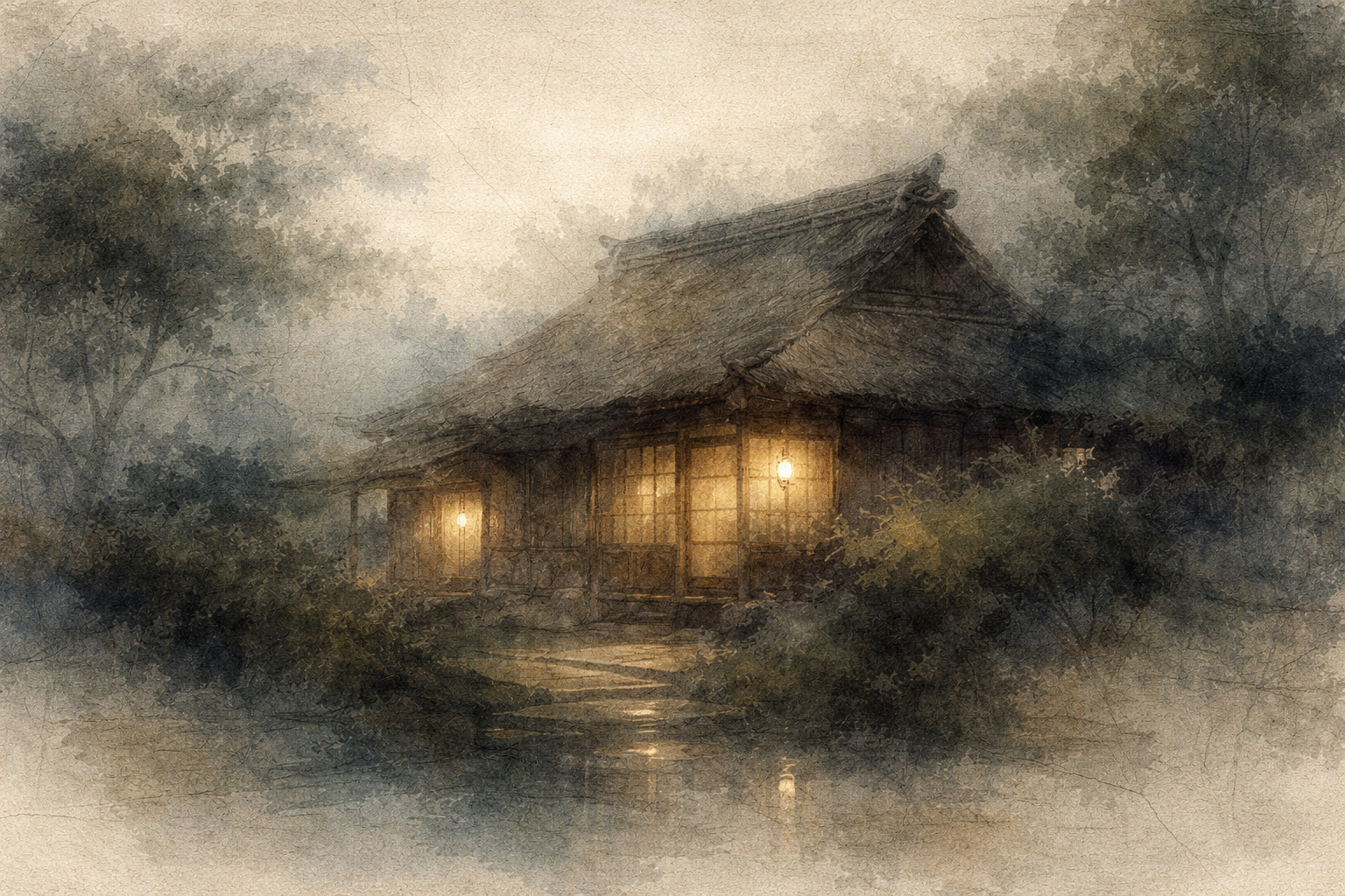 A quiet traditional temple illuminated at dusk in a misty forest, evoking the early origins of Buddhism and the historical beginnings of Buddhist practice.