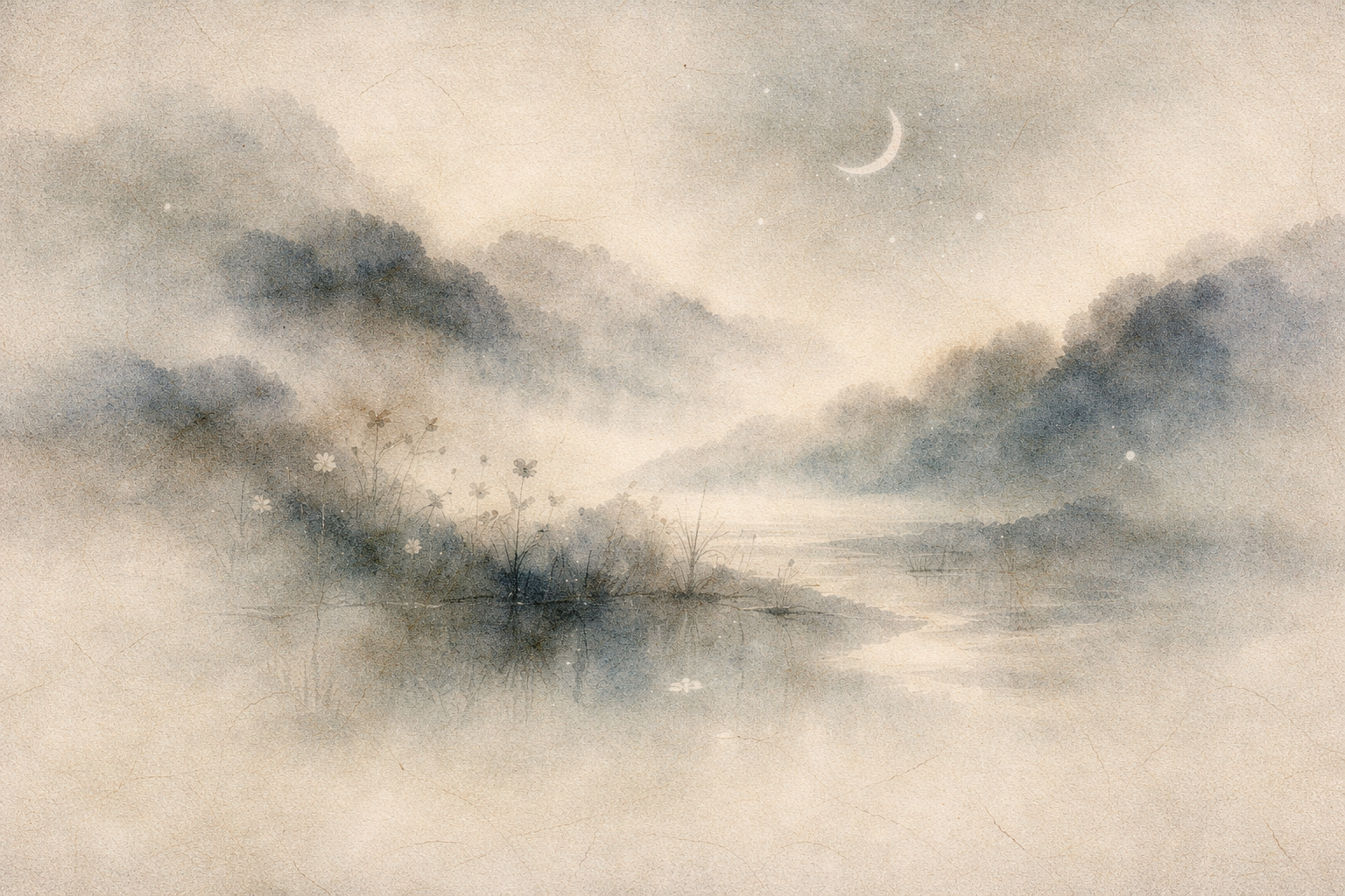 A quiet moon above misty mountains and reflective water, symbolizing the gradual emergence of Mahayana Buddhism and the new ideas that reshaped Buddhist tradition.