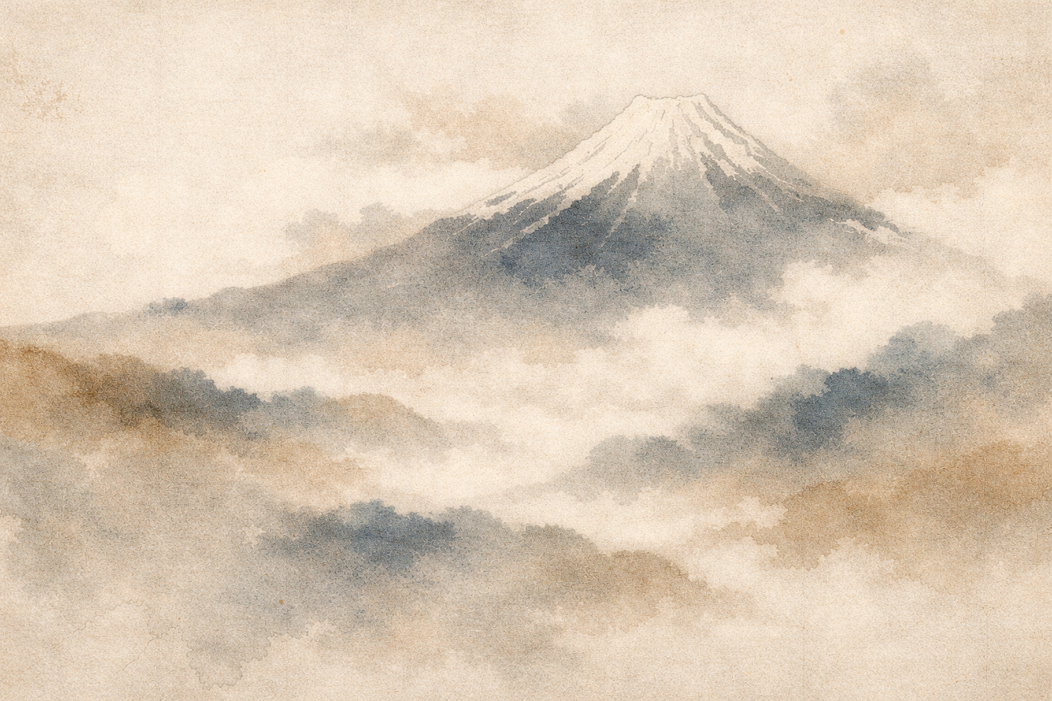 雲の上にそびえる神聖な山の風景。古代インドにおける仏教の起源と、仏陀の精神的な教えが始まった時代を象徴するイメージ。