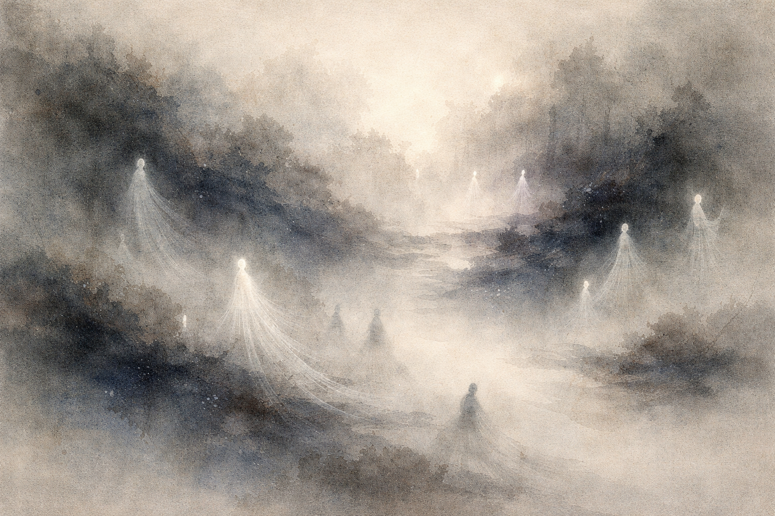 Luminous figures walking through a misty forest path, symbolizing the early origins of Buddhism and the spread of the Buddha’s teachings from ancient India.