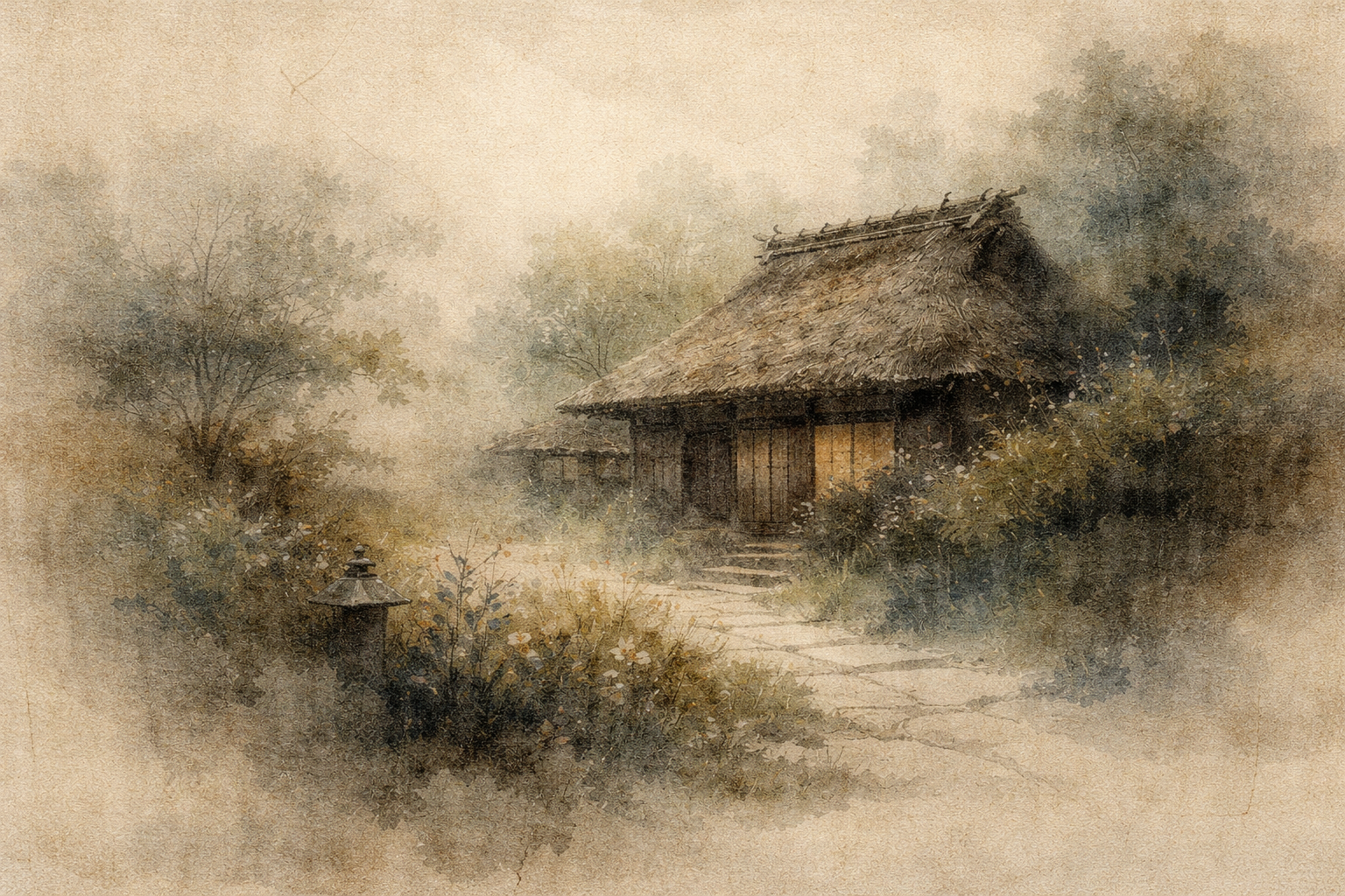 森の中の静かな庵。茅葺きの小さな小屋と石の小道が木々や野の花に囲まれており、比丘ボーディのような仏教僧の瞑想的な生活を象徴している。