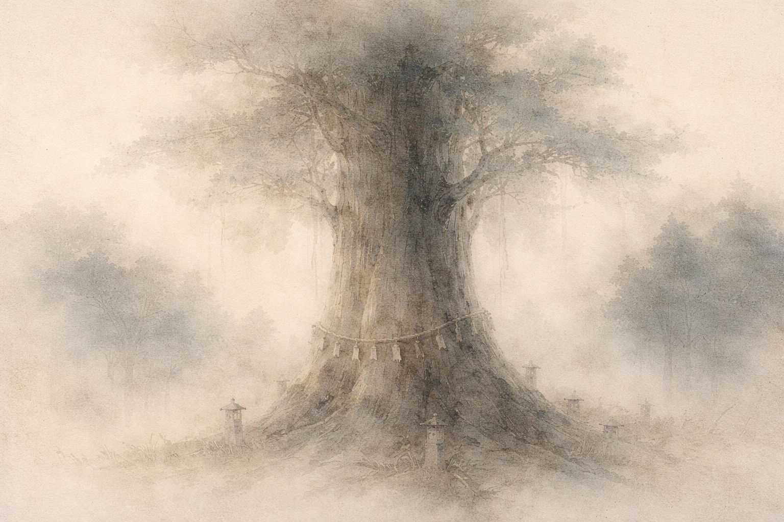Soft watercolor illustration of a large sacred tree wrapped with ritual rope, symbolizing the Bodhi Tree and the life of the Buddha in a simple biographical context.