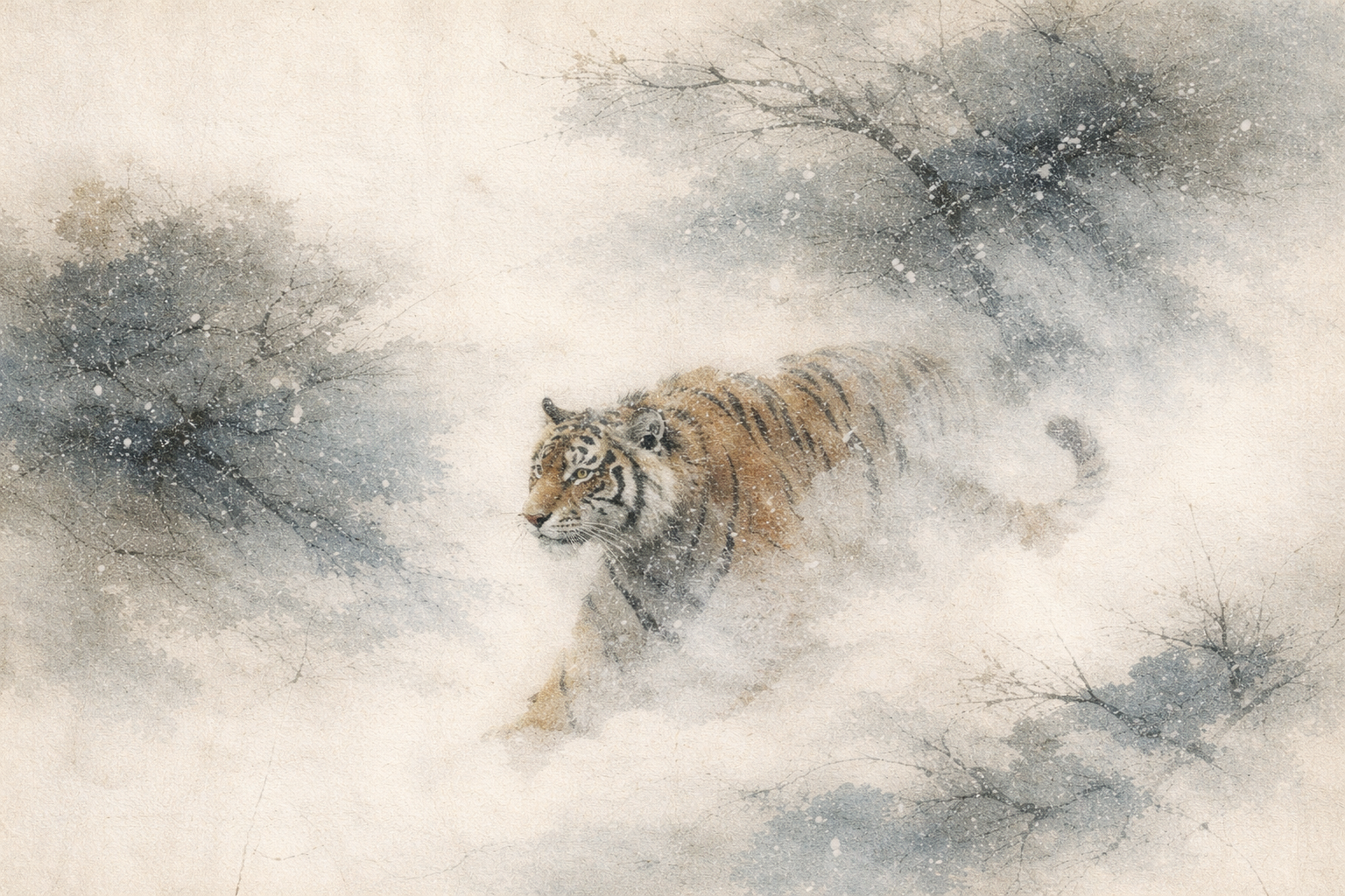 A watercolor painting of a tiger walking steadily through mist and falling snow among bare winter trees, symbolizing why compassion requires wisdom in Buddhism—strength guided by clarity, and kindness supported by discernment rather than impulse.