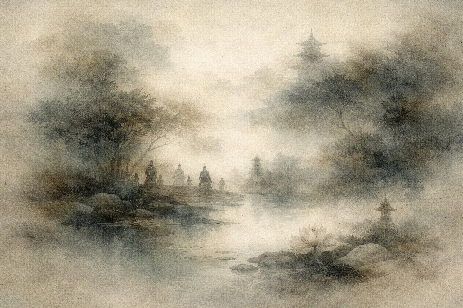 霧に包まれた風景の中を歩く僧侶たちと、遠くの塔や蓮の池。インドで仏教が衰退し、その教えが他地域へと広がっていった歴史の流れを象徴するイメージ。