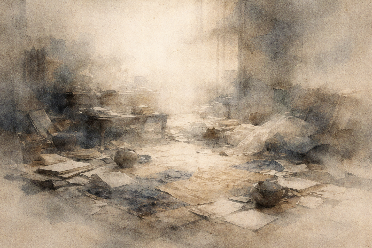 A ruined study hall filled with scattered manuscripts and broken objects, symbolizing the disappearance of Buddhism from Afghanistan and the loss of its once-thriving monastic centers.