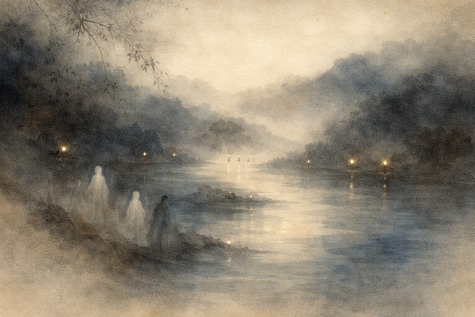 夕暮れの川辺を歩く人々と遠くに灯る灯り。歴史の変化の中で中央アジアから仏教が徐々に姿を消していった過程を象徴している。