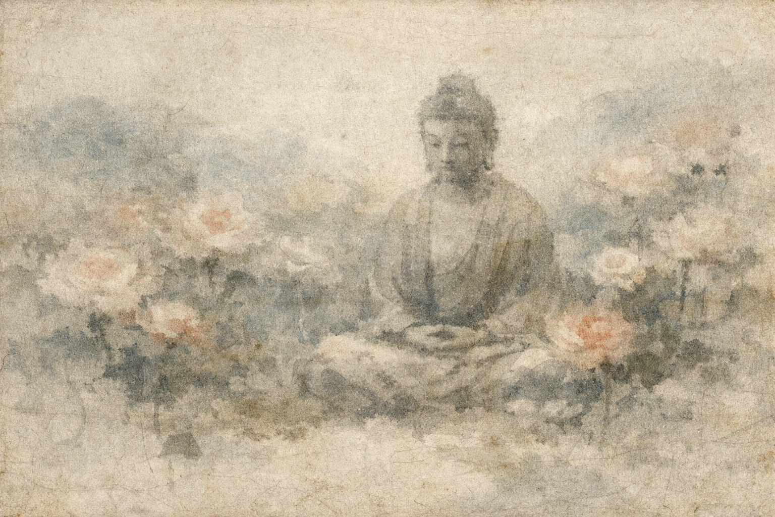 霧に包まれた空間で、咲き誇る蓮の花に囲まれて座る仏陀を描いた水彩風イラスト。仏教徒が瞑想する理由――日常の中で明晰さ、慈悲、そして洞察を育むため――を象徴している。