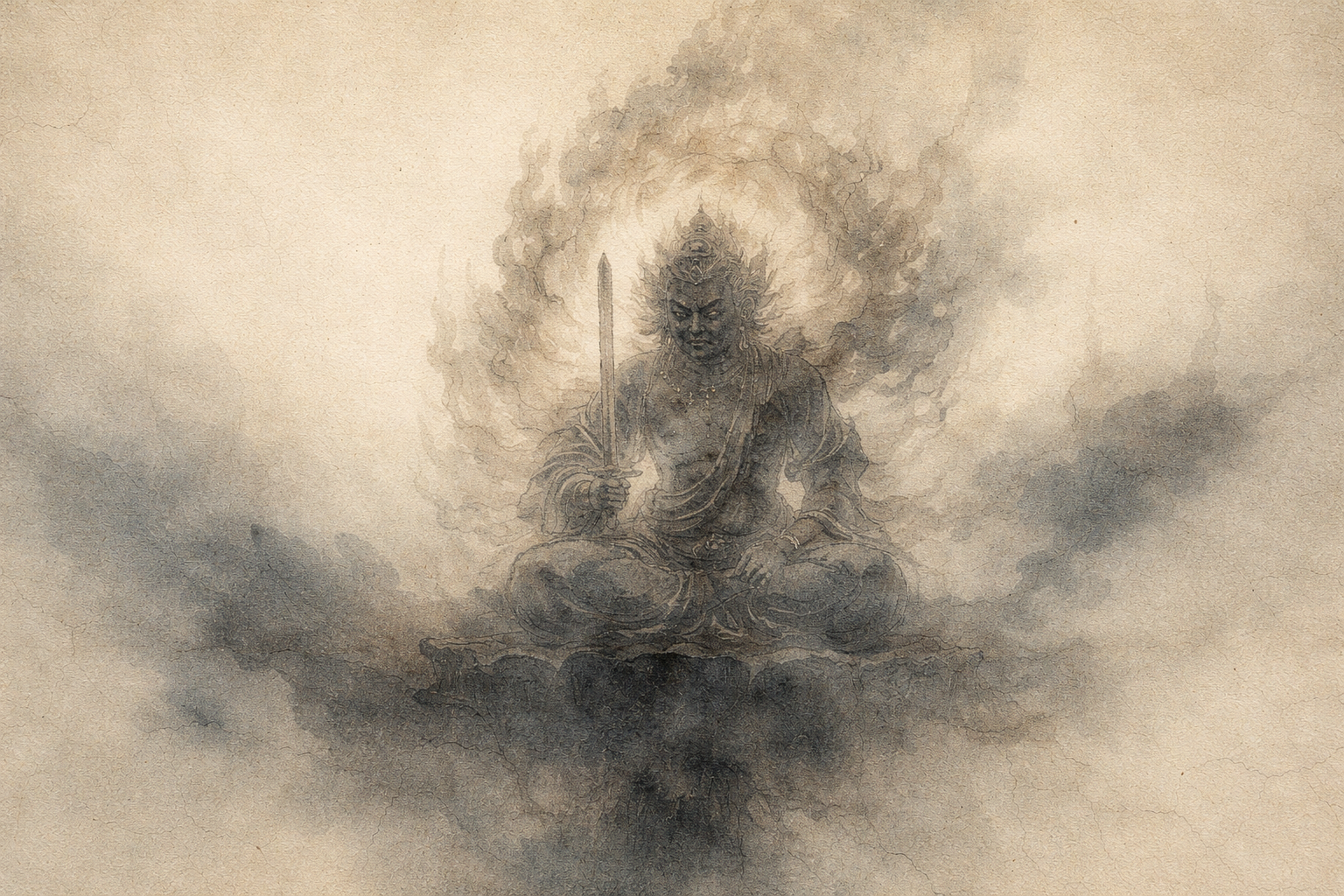 剣を掲げ、渦巻く霧に包まれながら坐禅する勇ましい仏教の尊像を描いた水彩画。苦しみに正面から向き合い、無明を断ち切って智慧と解放へ至る仏教の姿勢を象徴している。
