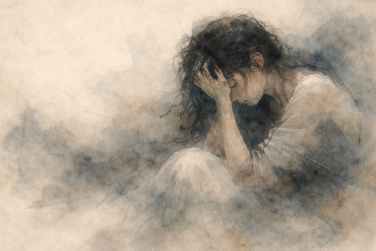 A soft watercolor portrait of a woman sitting in emotional distress, symbolizing the Buddhist teaching that life involves suffering (dukkha) due to impermanence, attachment, and unmet expectations.