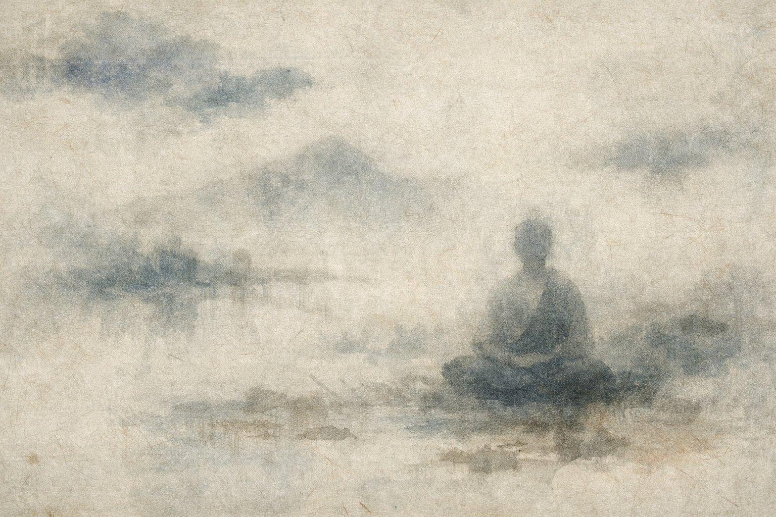 A meditating Buddhist figure in a misty landscape, symbolizing Gandharan Buddhist art where Greek artistic influences shaped the early visual image of the Buddha.