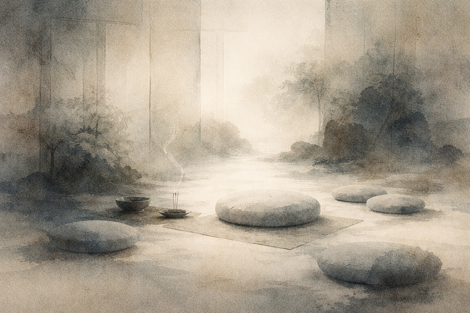 A serene watercolor scene of meditation cushions arranged in a quiet open space with incense gently rising, symbolizing emptiness in Buddhism as spacious clarity and interconnection rather than nihilistic nothingness.