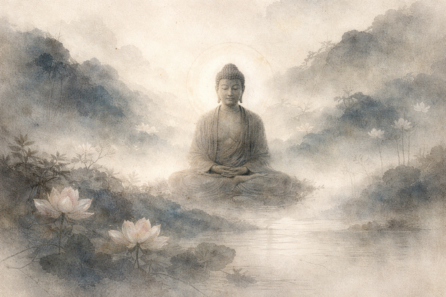 蓮の花と霧に包まれた山々に囲まれて静かに坐る仏陀を描いた穏やかな水彩画。移ろう状況の中でも揺るがない気づきと、偏りのない慈悲、内なる安定を意味する、仏教修行における平静心の重要性を象徴している。