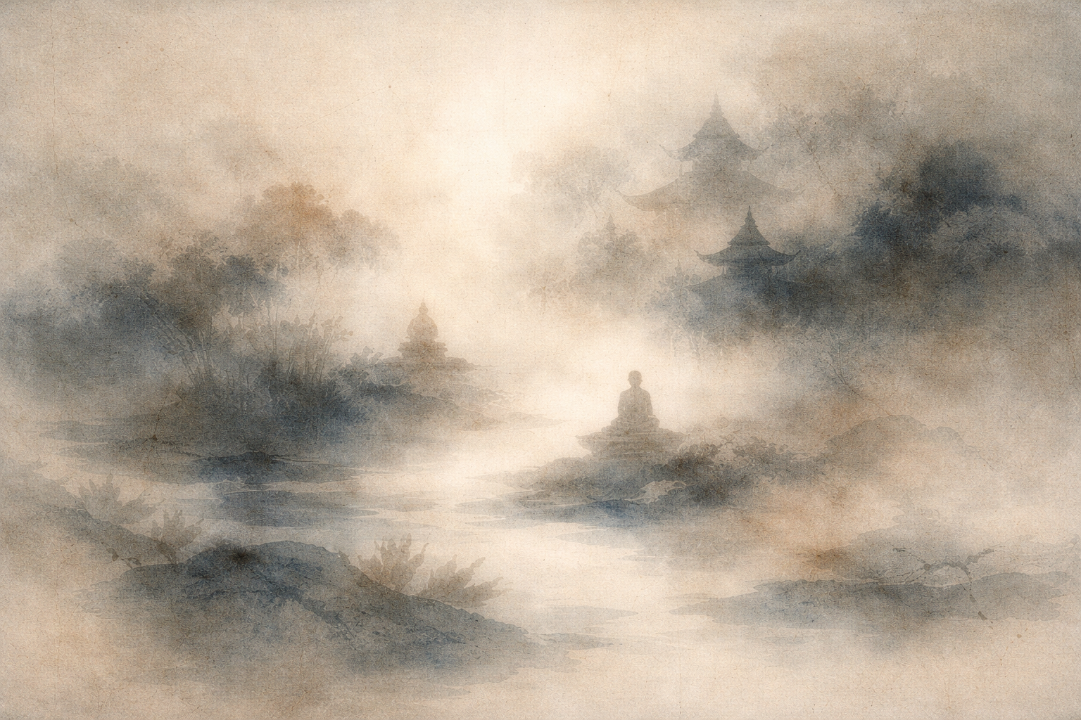 A misty watercolor landscape with distant Buddhist temples and a solitary meditator sitting by a calm body of water, symbolizing deep philosophical contemplation and the profound influence of Nāgārjuna in Mahayana Buddhism.
