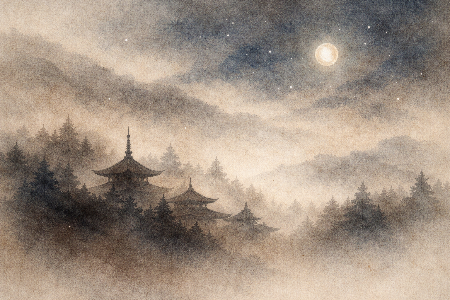 Soft watercolor illustration of a traditional Buddhist temple under a moonlit sky, symbolizing reverence and the respectful title “Lord” used for the Buddha.